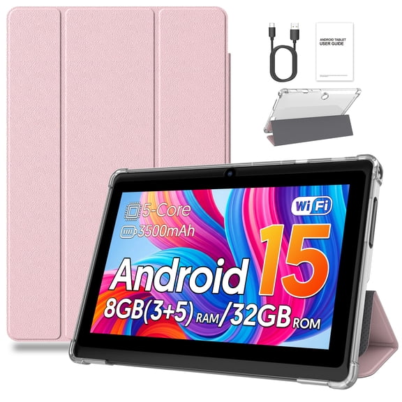 PUTECCH Tablet 7 inch Android 15 Tablets with Case,1024 x 600 HD,3GB RAM 32GB ROM 1TB Expand,Penta-Core,3500mAh Battery,GMS Certified (Pink)