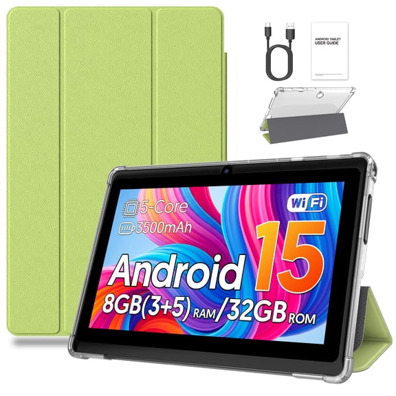PUTECCH Tablet 7 inch Android 15 Tablets with Case,1024 x 600 HD,3GB RAM 32GB ROM 1TB Expand,Penta-Core,3500mAh Battery,GMS Certified (Green)