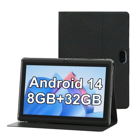 Tablet 7Inch Android 14.0 with Protective Case, 8GB(4+4GB Expand) RAM+ 32GB ROM, IPS Screen, Dual Camera, Bluetooth 5.0 WiFi Tab, Black