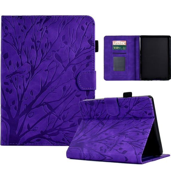 Tablet Case for 6" Kindle Paperwhite (Previous 10th Gen 2018), Embossed Tree Pattern PU Leather Book Style Smart Auto Wake/Sleep Cover with Stand Card Slots Magnetic Clasp Shockproof Case, Purple