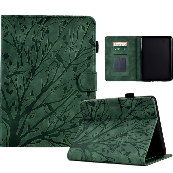 Tablet Case for 6" Kindle Paperwhite (Previous 10th Gen 2018), Embossed Tree Pattern PU Leather Book Style Smart Auto Wake/Sleep Cover with Stand Card Slots Magnetic Clasp Shockproof Case, Green