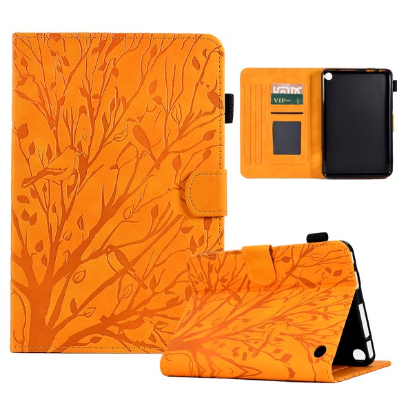 Tablet Case for Amazon Fire 7 12th Gen 2022, Embossed Tree Pattern PU Leather Book Style Smart Auto Wake/Sleep Cover with Stand Card Slots Magnetic Clasp Shockproof Case, Khaki