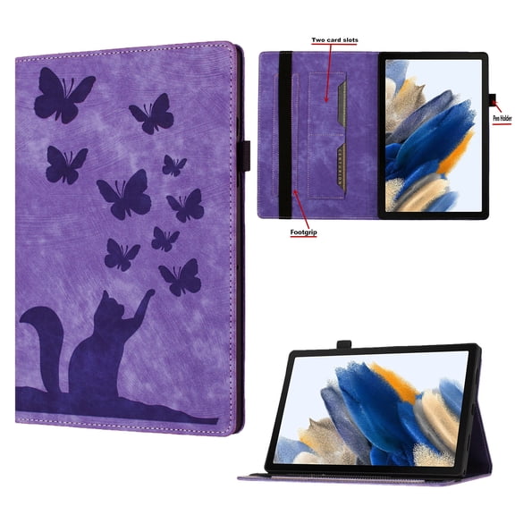 Tablet Case for Amazon Kindle Fire HD8 / HD8 Plus 2020/2022 Flip Wallet Case with Card Slots Elastic Band Pen Holder - Cute Butterflies Cat Pattern PU Leather Auto Wake/Sleep Stand Cover - Purple