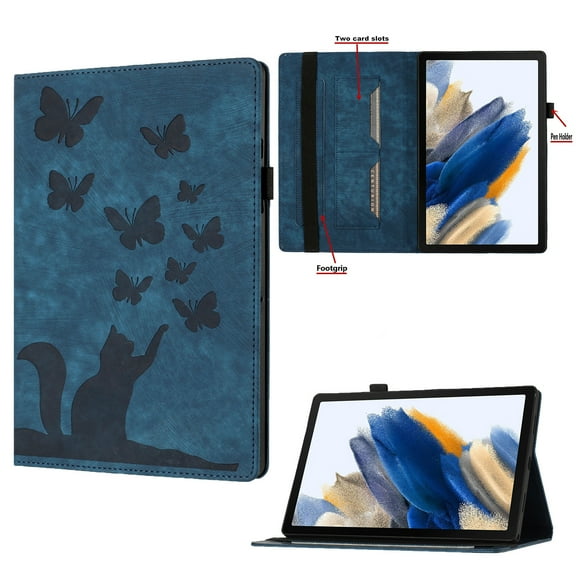 Tablet Case for Amazon Kindle Fire HD8 / HD8 Plus 2020/2022 Flip Wallet Case with Card Slots Elastic Band Pen Holder - Cute Butterflies Cat Pattern PU Leather Auto Wake/Sleep Stand Cover - Darkblue