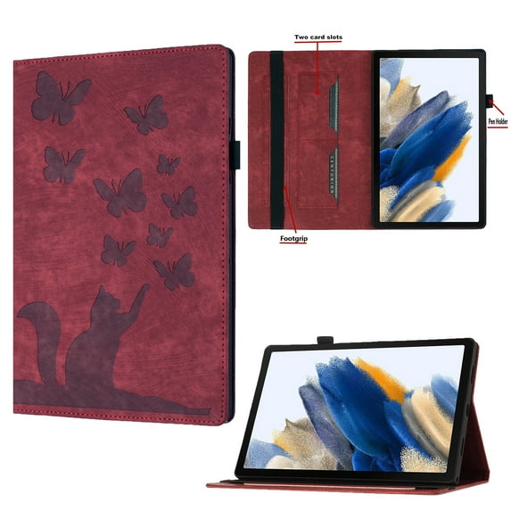 Tablet Case for Amazon Kindle Fire HD8 / HD8 Plus 2020/2022 Flip Wallet Case with Card Slots Elastic Band Pen Holder - Cute Butterflies Cat Pattern PU Leather Auto Wake/Sleep Stand Cover - Winered
