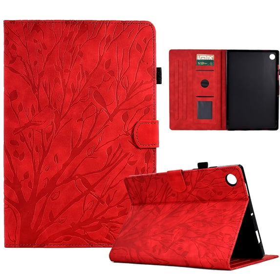 Tablet Case for Samsung Galaxy Tab A8 10.5" (2022) X200/X205, Embossed Pattern PU Leather Book Style Smart Auto Wake/Sleep Cover with Stand Card Slots Magnetic Clasp Shockproof Case,Red
