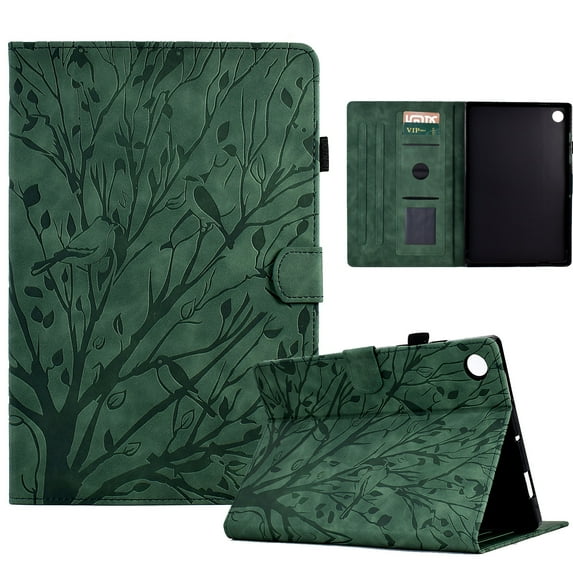 Tablet Case for Samsung Galaxy Tab A9 8.7" 2023 SM-X110 / SM-X115, Embossed Tree Pattern PU Leather Book Style Smart Auto Wake/Sleep Cover with Stand Card Slots Magnetic Clasp Shockproof Case, Green