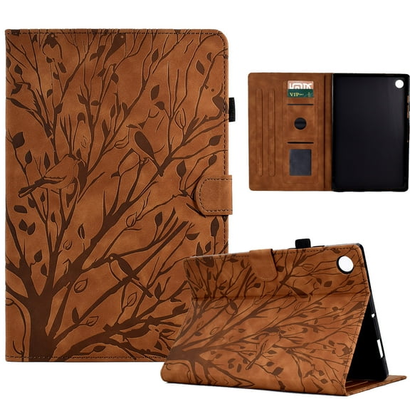 Tablet Case for Samsung Galaxy Tab A9 8.7" 2023 SM-X110 / SM-X115, Embossed Tree Pattern PU Leather Book Style Smart Auto Wake/Sleep Cover with Stand Card Slots Magnetic Clasp Shockproof Case, Brown