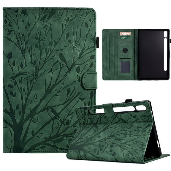 Tablet Case for Samsung Galaxy Tab S9/S8/S7, Embossed Tree Pattern PU Leather Book Style Smart Auto Wake/Sleep Cover with Stand Card Slots Magnetic Clasp Shockproof Case, Green