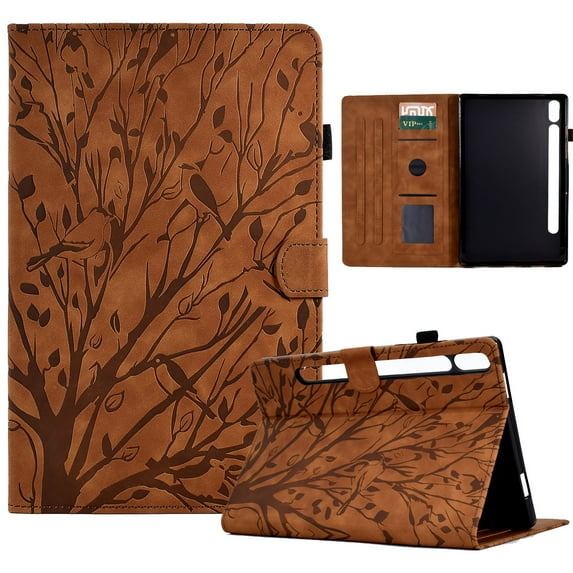 Tablet Case for Samsung Galaxy Tab S9/S8/S7, Embossed Tree Pattern PU Leather Book Style Smart Auto Wake/Sleep Cover with Stand Card Slots Magnetic Clasp Shockproof Case, Brown