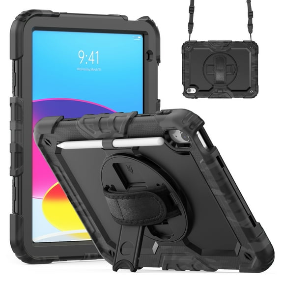 Tablet Case for iPad 11th Gen A16 2025, 360° Rotatable Stand Kids Case with PET Screen Protector & Hand Strap & Stylus Holder, Shoulder Strap Protective Case for iPad 10th Gen 10.9" 2022, Black