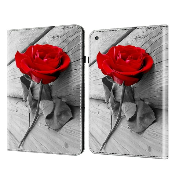 TECH CIRCLE Cute Folio Case for iPad Mini (5th/4/3/2/1 Gen) 7.9" with Card Slots, Built-in Stand, Auto Sleep Wake, Elastic Pencil Loop, Elastic Band, PU Leather Protective Slim Cover, Red Flower