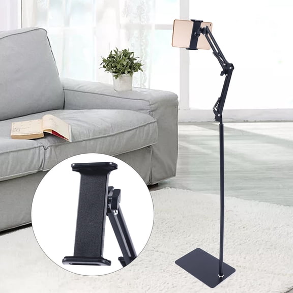 Tablet Floor Stand, 360 Rotatable Adjustable Height iPad Stand with Spring Clamp, Carbon Steel Phone Holder for Bed Sofa Office Kitchen - Compatible with 4.7-7.09" Devices (Black)