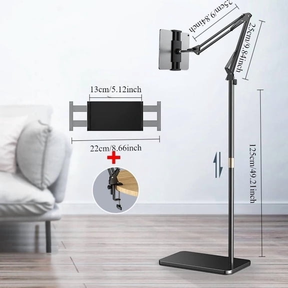 Tablet Floor Stand Adjustable, 360 Degree Phone and iPad Holder for Bed, Black Metal