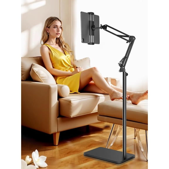 Tablet Floor Stand with Double Heavy Duty Stable Base Never Tip Over, Adjustable Height Swivel Overhead Bed Tablet Phone Stand Holder for iPad, Kindle, Galaxy Tab, Cell Phones(4.7''-13'')
