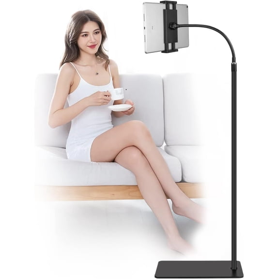 Tablet Floor Stand with Double Weight Base 360- Rotatable Metal Tablet Holder with Flexible Gooseneck Holder Long Arm for iPad Mini Air Pro, Cell Phones & Tablets (4.5-12.9-inch)