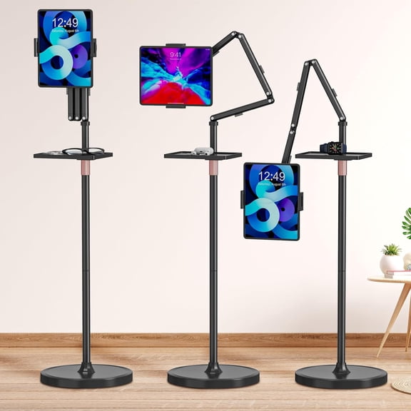 Tablet Floor Stand with Removable Tray, iPad Floor Stand Holder for Bed, Height Adjustable Tablet Mount iPad Holder for 4.7”-15.6” Tablets iPads and Phones