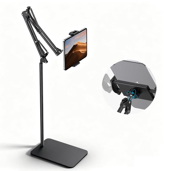 Tablet Floor Stand with Metal Base, 55'' Adjustable Height Angle Overhead Holder, Universal Floor Stand for most tablets & smartphones