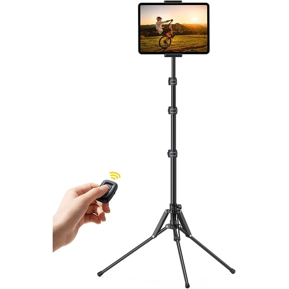 Tablet Floor Tripod Stand - 64.9" Tablet Holder Mount with Adjustable Height for Stream/Watching with Bluetooth Remote, Gifts for iPad Pro 12.9/11" Mini, Air, iPhone, 4.7-13" Devices