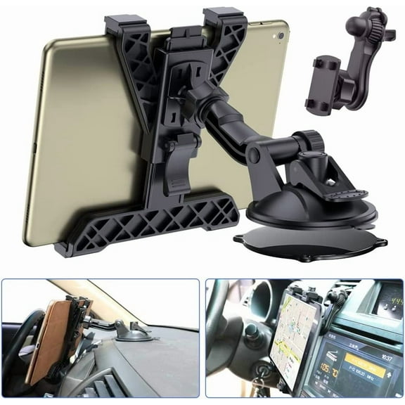 Tablet Holder for Car Dashboard iPad Car Suction Cup Mount for Truck Windshield Vent with Flexible Arm Clip for All 7"-11" iPad Samsung Galaxy Tab 360 Rotation Black