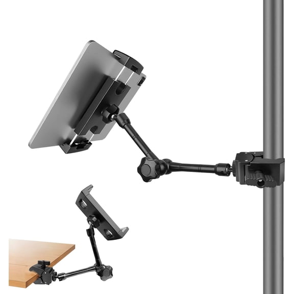 Tablet Holder for Mic Stand, Adjustable iPad Mic Stand Mount, Tablet Holder with Clamp Mount for Pole Desk Kitchen Cabinet, Compatible with 4.7 to 12.9" iPad, iPhone, Android Smartphones