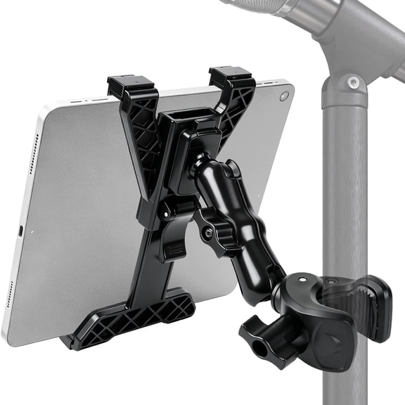 Tablet Holder for Microphone Stand, 360 Adjustable Clip-on Tablet Mount for Mic Stand, Treadmill Handlebar Clamp Compatible with iPad, 7"-11.5" Tablets