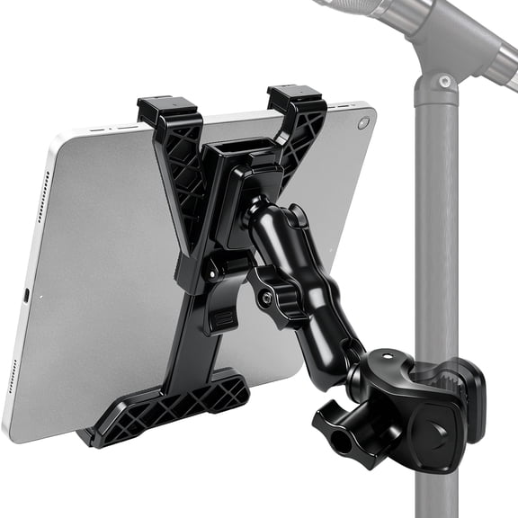 Tablet Holder for Microphone Stand, 360° Adjustable Clip-on Tablet Mount for Mic Stand, Treadmill Handlebar Clamp Compatible with iPad, 7"-11.5" Tablets