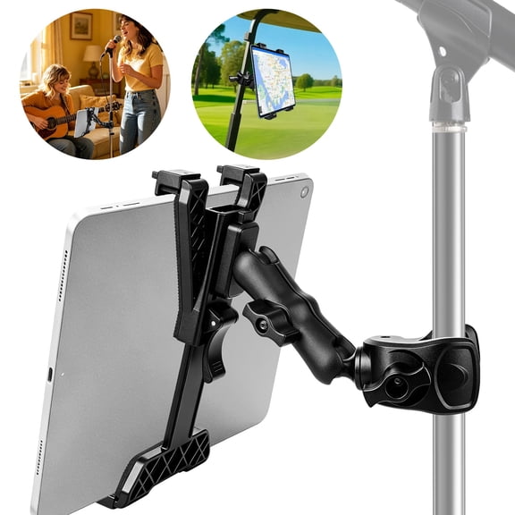 Tablet Holder for Microphone Stand, 360 Rotating Pole Clamp Tablet Mount, Universal Tablet Holder Fits 7-11.5" Tablets for Music Studio, Treadmill, Golf Cart, Stroller