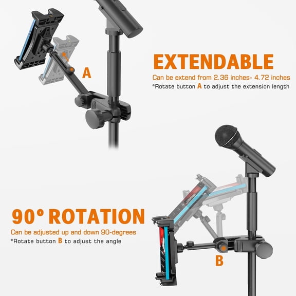 Tablet Holder for Microphone Stand, Mic Music Stand Tablet Holder for iPad, Smartphone Tablet Mic Stand Mount for Shee Music Fits Devices from Screen Size 4.7 to 12.9 Inches