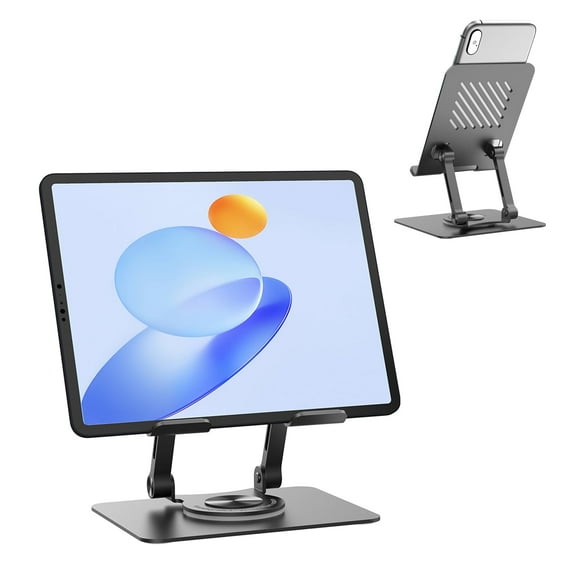 KEXIN Tablet Stand Holder with 360° Rotating Base, Universal Foldable Adjustable Aluminum Alloy Phone Stand for Desk Compatible with iPad, Samsung Galaxy Tab, Black