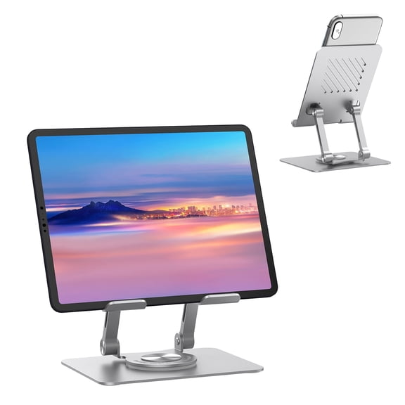 KEXIN Tablet Stand Holder with 360° Rotating Base, Universal Foldable Adjustable Aluminum Alloy  Phone Stand for Desk Compatible with iPad, Samsung Galaxy Tab, Black