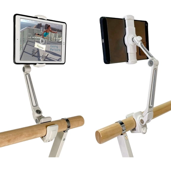 Tablet Holder with Round Clamp Clamps to 1.25" - 1.75" Barre | Sturdy Metal, Stable Base | Adjusts Firmly and Securely