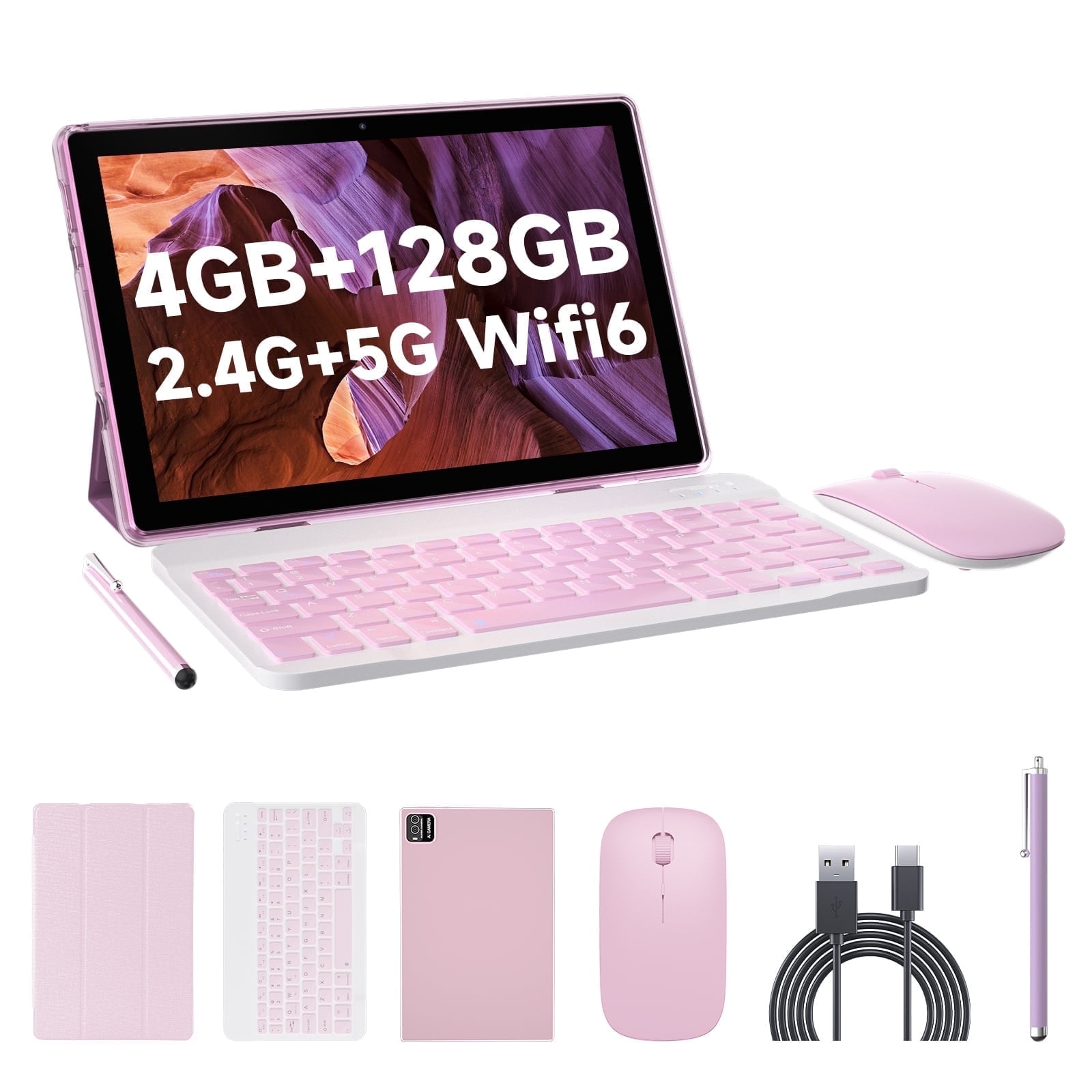 Tablet with Keyboard, 10 Inch 4GB RAM+128GB ROM+1TB Android Tablets PC, 1.8Ghz Quad-core Tablet, 8MP Dual Camera, 6000mAh Battery, 2 in 1 Tablets with Case, Mouse, Stylus, Type-c Cable