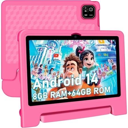 Tablet for Kids, 10.1 inch IPS HD Touchscreen Android 14 64 GB Storage, 8GB RAM, Octa Core Kids Tablet, Parental Controls, 12-hr Battery, Drop-Proof Case, WiFi, GPS - Pink