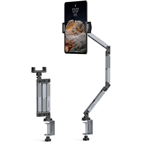 Tablet Mount, 360 Adjustable Tablet Stand Holder for iPad, Foldable Aluminum Arms, Ergonomic Viewing for Standing Desk & Nightstand, Fits 4.7"-12.9" Tablets & Phones- RA1, Gray