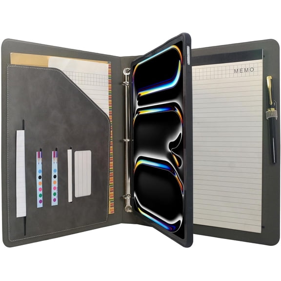 Tablet Organizer Portfolio Case with 3-Ring Binder, Binder Padfolio File Folder Removable Holder, Compatible 13-inch iPad Pro M5 (2025)/M4 (2024),Gray