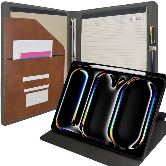 Tablet Organizer Portfolio Case with Clipboard, 3-Ring Binder Padfolio File Folder with Rotating Cover Case Compatible with 13-inch iPad Pro (M5/M4) Model, Coffee