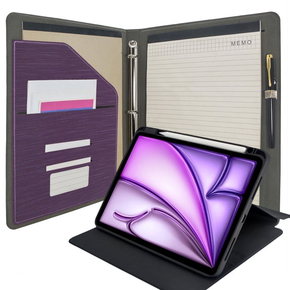 Tablet Organizer Portfolio Case with Clipboard, 3-Ring Binder Padfolio File Folder with Rotating Cover Case Compatible with iPad Air 11-inch M3 (2025)/M2 (2024), iPad Air 4th/5th Gen 10.9-in, Purple