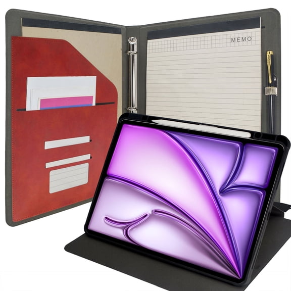 Tablet Organizer Portfolio Case with Clipboard, 3-Ring Binder Padfolio File Folder with Rotating Cover Case Compatible with iPad Air 13-inch M3 (2025)/M2 (2024), Red