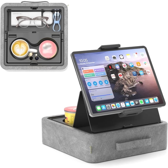 Tablet Pillow Stand, Adjustable iPad Holder for Bed, Lap and Desk with Two Cup Holder and Storage Tray, 360Rotating Clip Soft Dock Compatible with iPad Pro 12.9, Air, Mini, Phone and E-Reader