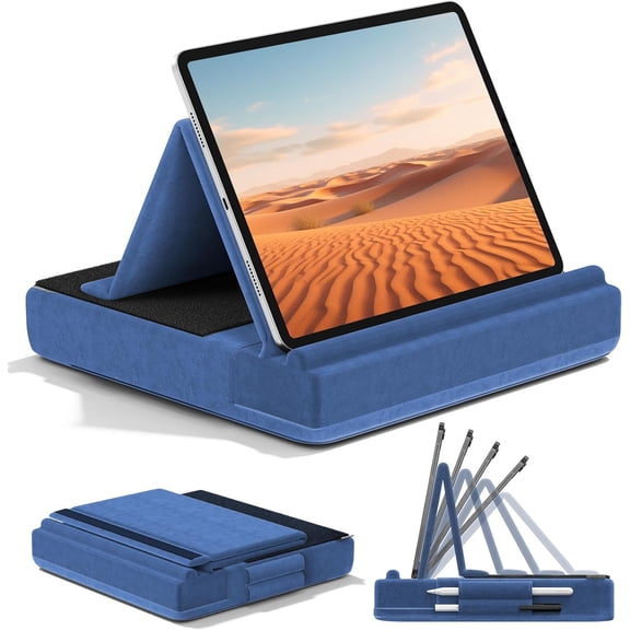 Tablet Pillow Stand, Multi-Angle Viewing Ipad Holder for Lap, Bed and Desk, Foldable Soft Pad Dock with Stylus Mount Compatible with Ipad Pro 12.9, 10.5, 11, Air, Mini, Phones, Books, E-Reader