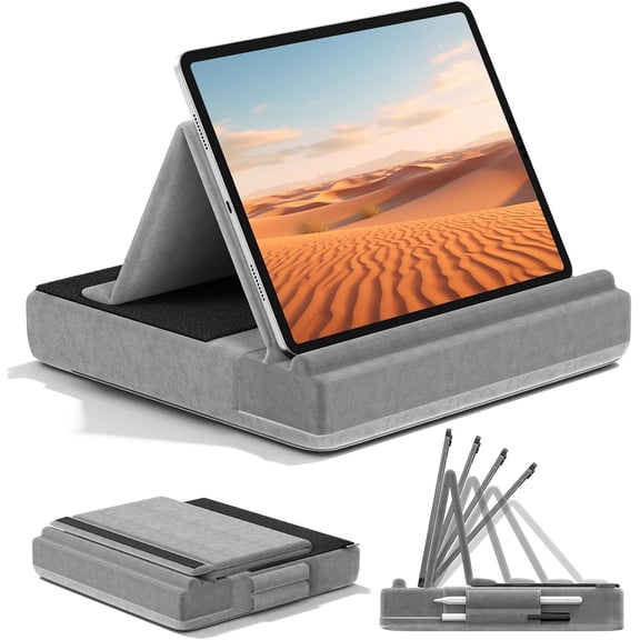 Tablet Pillow Stand, Multi-Angle Viewing tablet Holder for Lap, Bed and Desk, Foldable Soft Pad Dock with Stylus Mount Compatible with tablet Pro 12.9, 10.5, 11, Air, Mini, Phones, Books, E-Reader