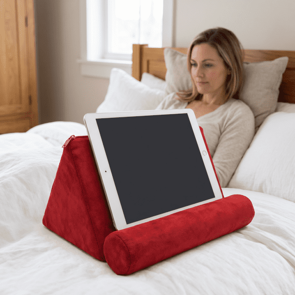 Tablet Pillow Stand, Soft Lap Pillow with Holder for Bed – Compatible with Kindle, iPad, Galaxy Tab, E-Reader (Red)