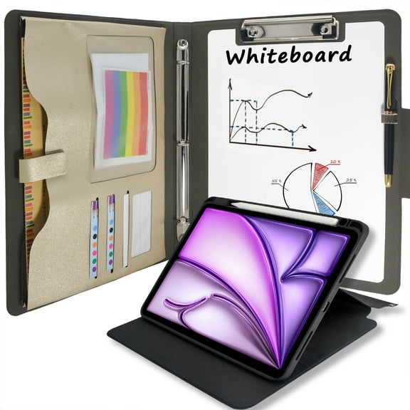 Tablet Portfolio Case with Whiteboard Clipboard, 3-Ring Binder Padfolio File Folder with Rotating Cover Case Compatible with iPad Air 4th/5th/11-inch iPad Air (M2) Model