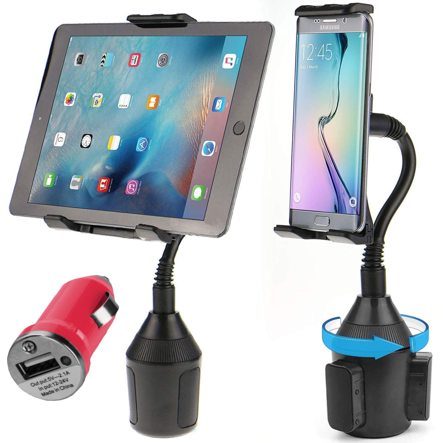 Tablet & Smartphone Car Cup Holder Mount w/ Flexible Neck & USB Car Charger Adapter fits All Smartphones & 4”-12.2” Tablets / iPad Pro /Air / Mini / Samsung Galaxy Kids / Tab E / A / A2 / S4 / Book