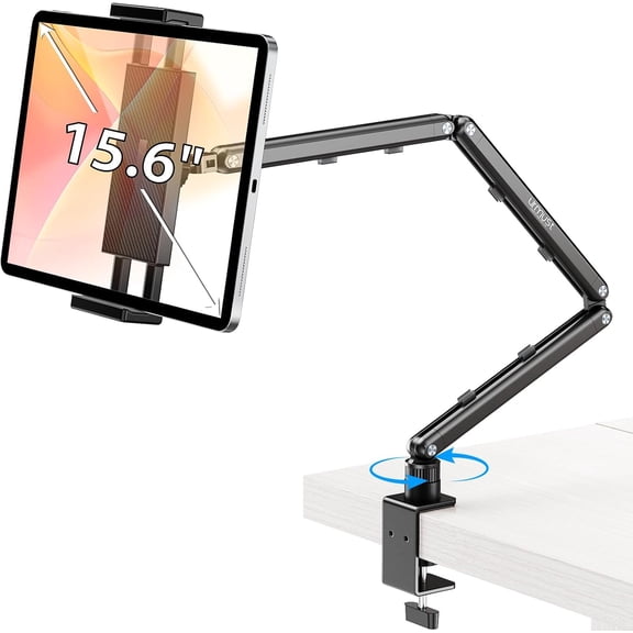 Tablet Stand for Desk, Adjustable iPad Holder Clamp Mount, 360 Rotation, Sturdy Aluminum Tablet Arm Mount for 4.7"-15.6" iPad Pro/Air/Mini, iPhone, Galaxy Tab, for Kitchen, Work, Video Call