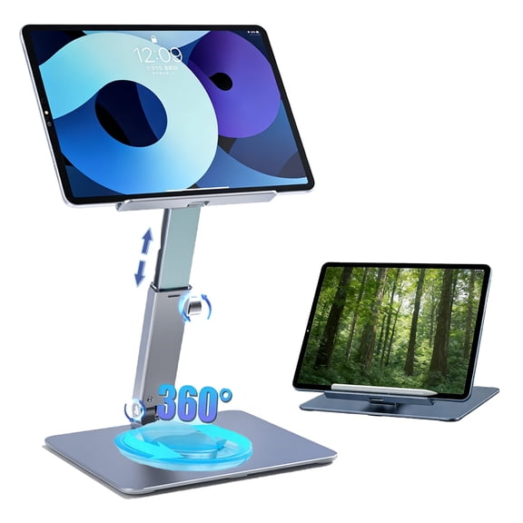 Tablet Stand for Ergonomic - 360 Rotating Base Height Adjustable 180 Adjustable Bracket Angle for iPad Pro 12.9/11 Air Mini 4/5, 4.7-14''iPad, Tablet and More for Work Cook Game Read(Dark Gray)