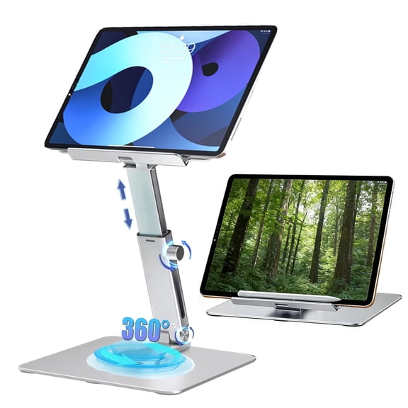 Tablet Stand for Ergonomic - 360 Rotating Base Height Adjustable 180 Adjustable Bracket Angle for iPad Pro 12.9/11 Air Mini 4/5, 4.7-14''iPad, Tablet and More for Work Cook Game Read(Light Gray)