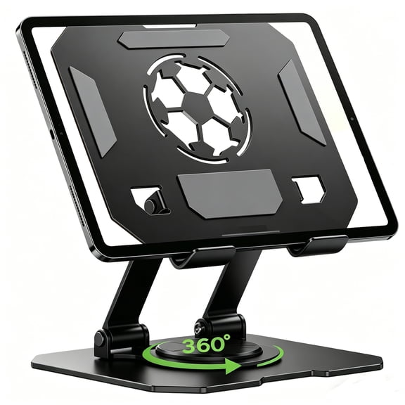Tablet Stand for Ergonomic-360° Rotation Antislip Foldable Base Soccer Cutout Heat Dissipation Design Height Adjustable Sturdy and Durable for iPad 4.7-13 Inches for Studying Work Cook Game(Black)