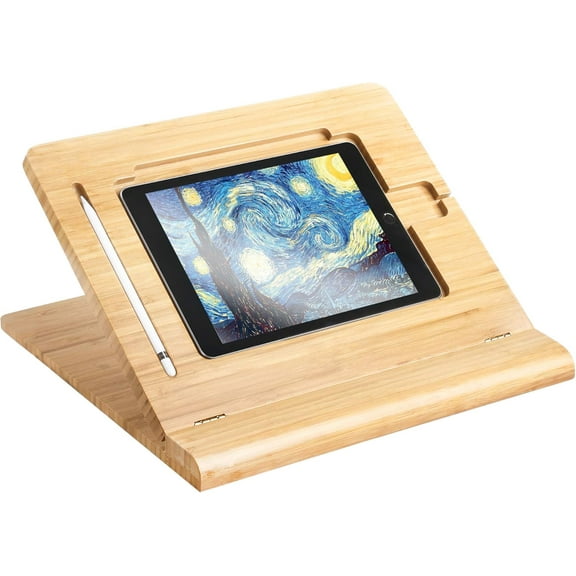 Tablet Stand Holder Adjustable Foldable,Multi-Angle Bamboo Wooden Organizer Desktop Holder for iPad,Stable for Drawing,Watching,Typing (Support Multiple Devices)